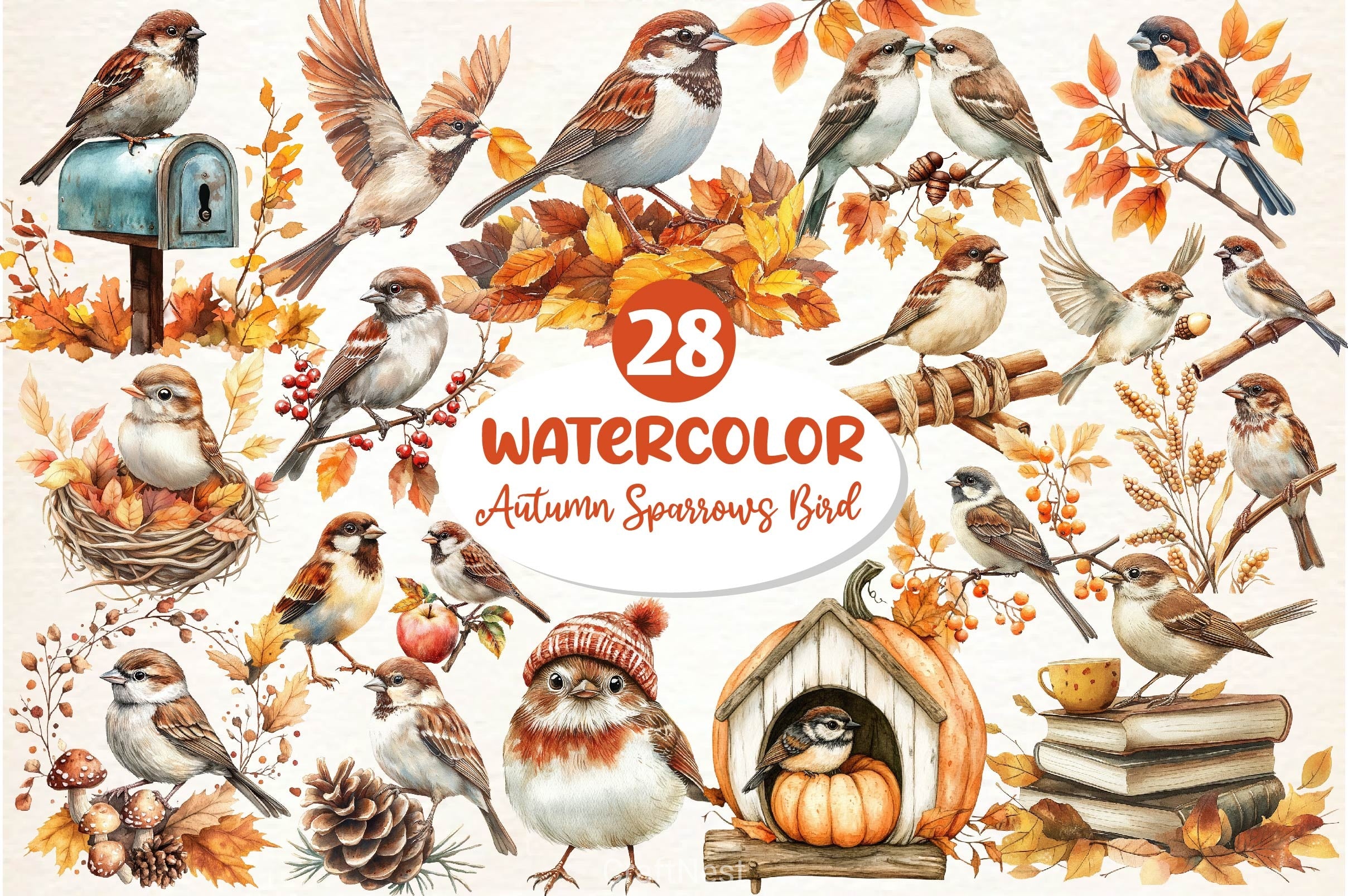 Autumn Sparrows Bird Clipart Bundle 2 - CraftNest - Digital Crafting and Art