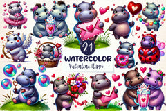 Cute Valentine Hippo Clipart Bundle - CraftNest - Digital Crafting and Art