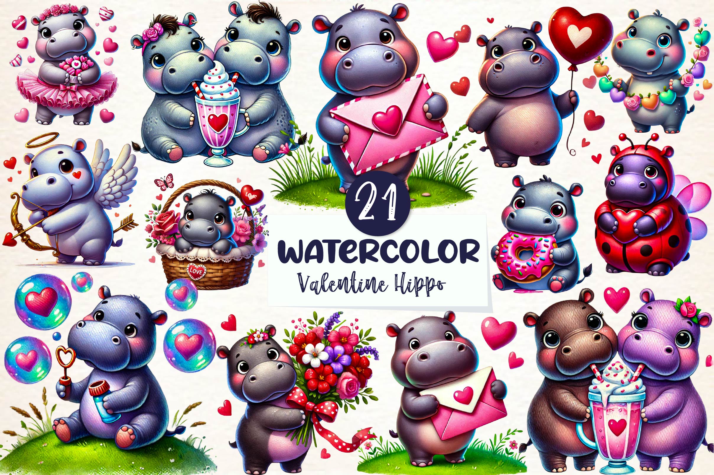 Cute Valentine Hippo Clipart Bundle - CraftNest - Digital Crafting and Art