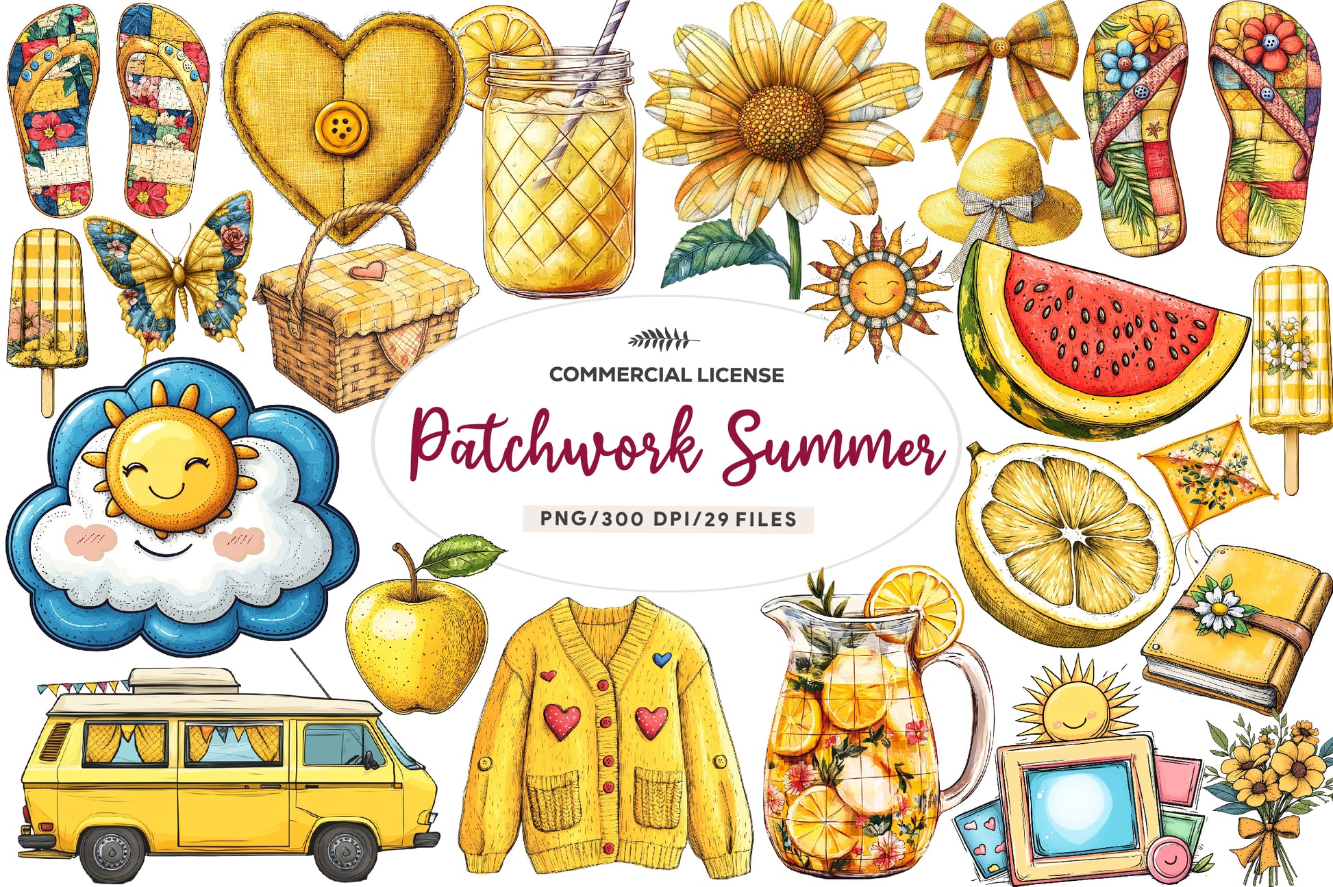 Yellow Patchwork Summer Clipart Bundle - CraftNest - Digital Crafting and Art