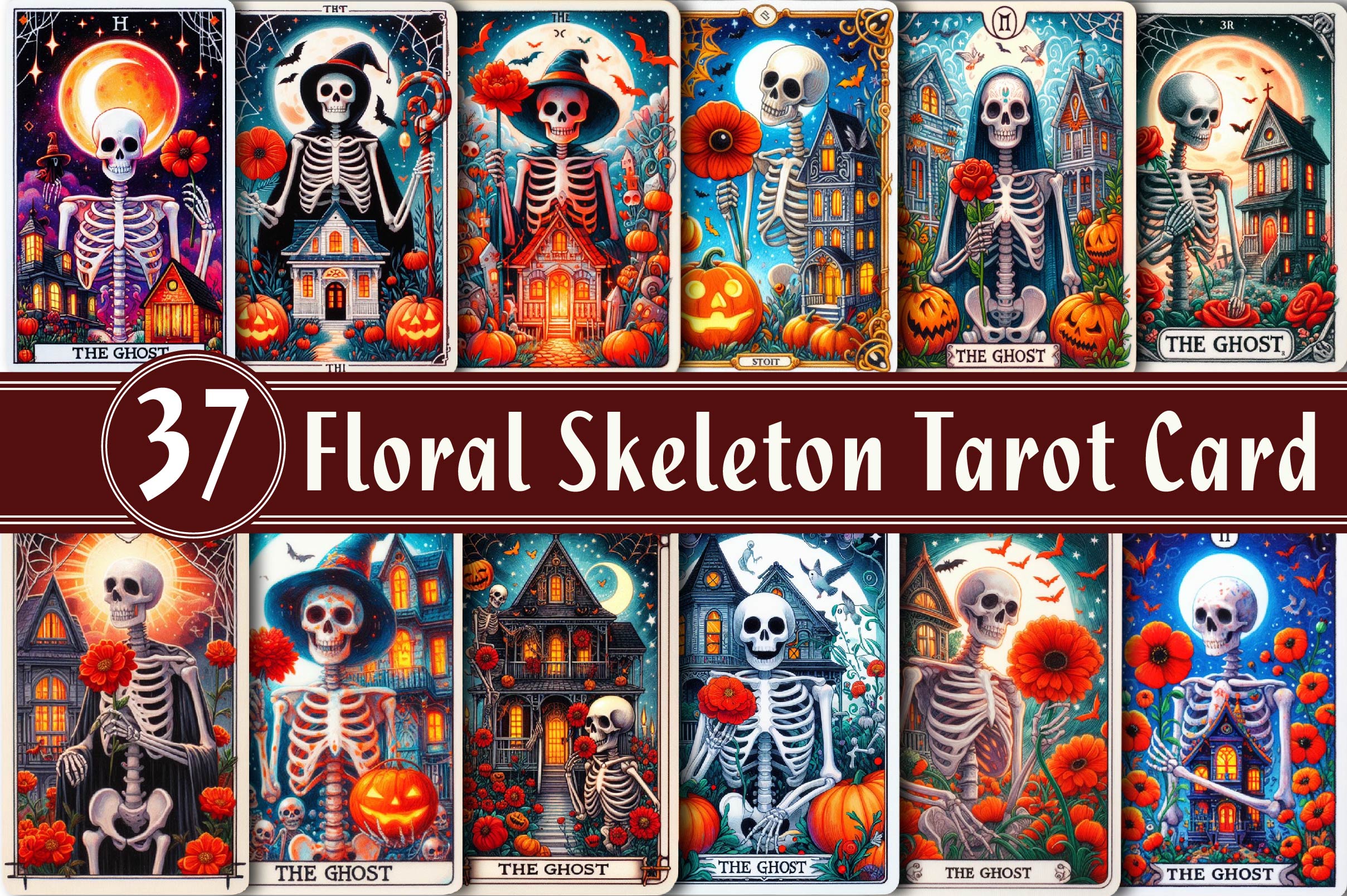 Halloween Floral Skeleton Tarot Card Clipart Bundle - CraftNest - Digital Crafting and Art