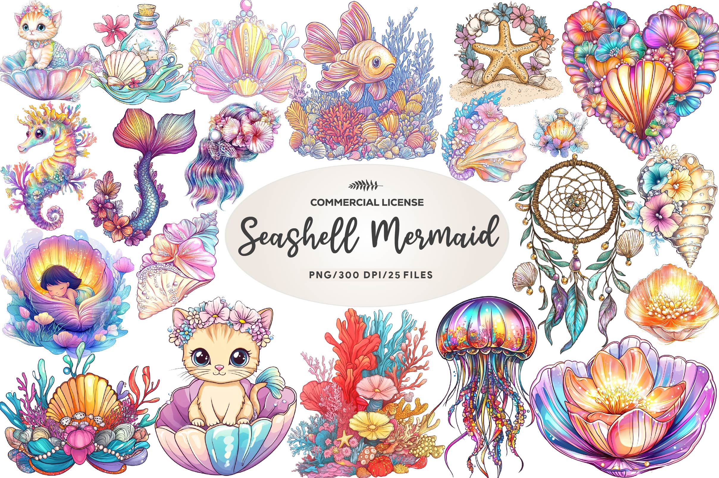 Seashell Mermaid Flower Clipart Bundle - CraftNest - Digital Crafting and Art
