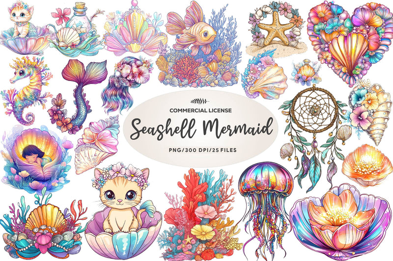 Seashell Mermaid Flower Clipart Bundle - CraftNest - Digital Crafting and Art