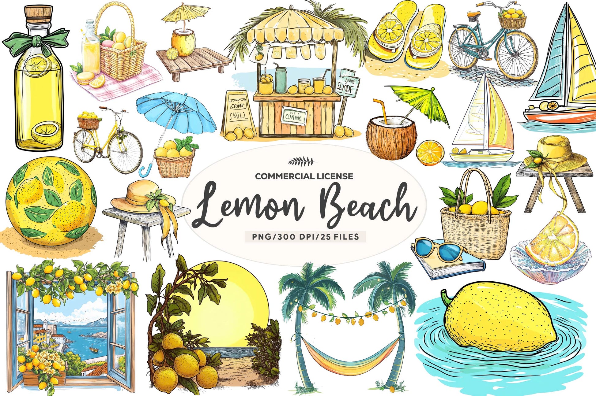 Cute Mediterranean Lemon Beach Clipart Bundle - CraftNest - Digital Crafting and Art