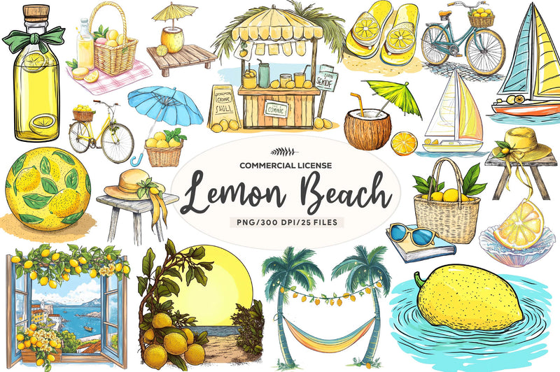 Cute Mediterranean Lemon Beach Clipart Bundle - CraftNest - Digital Crafting and Art