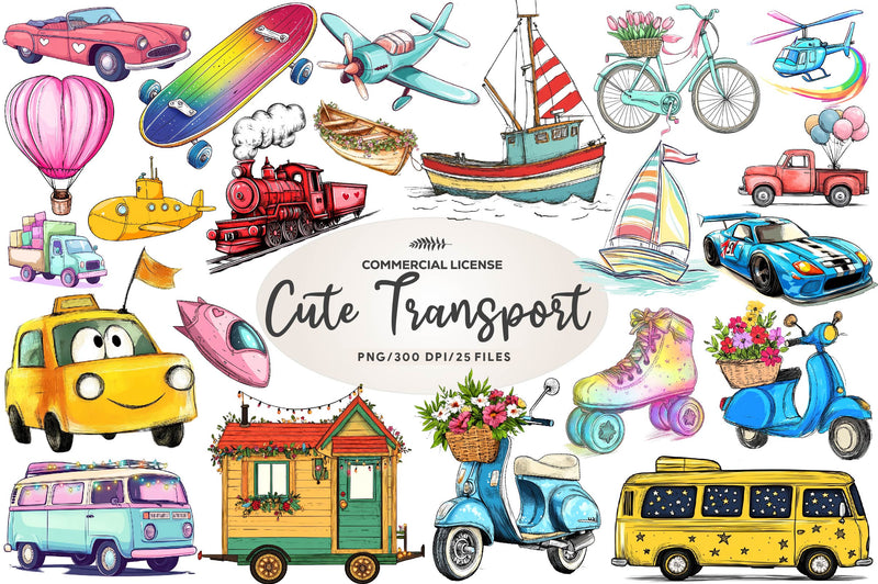 Cute Transport Clipart Bundle - CraftNest - Digital Crafting and Art