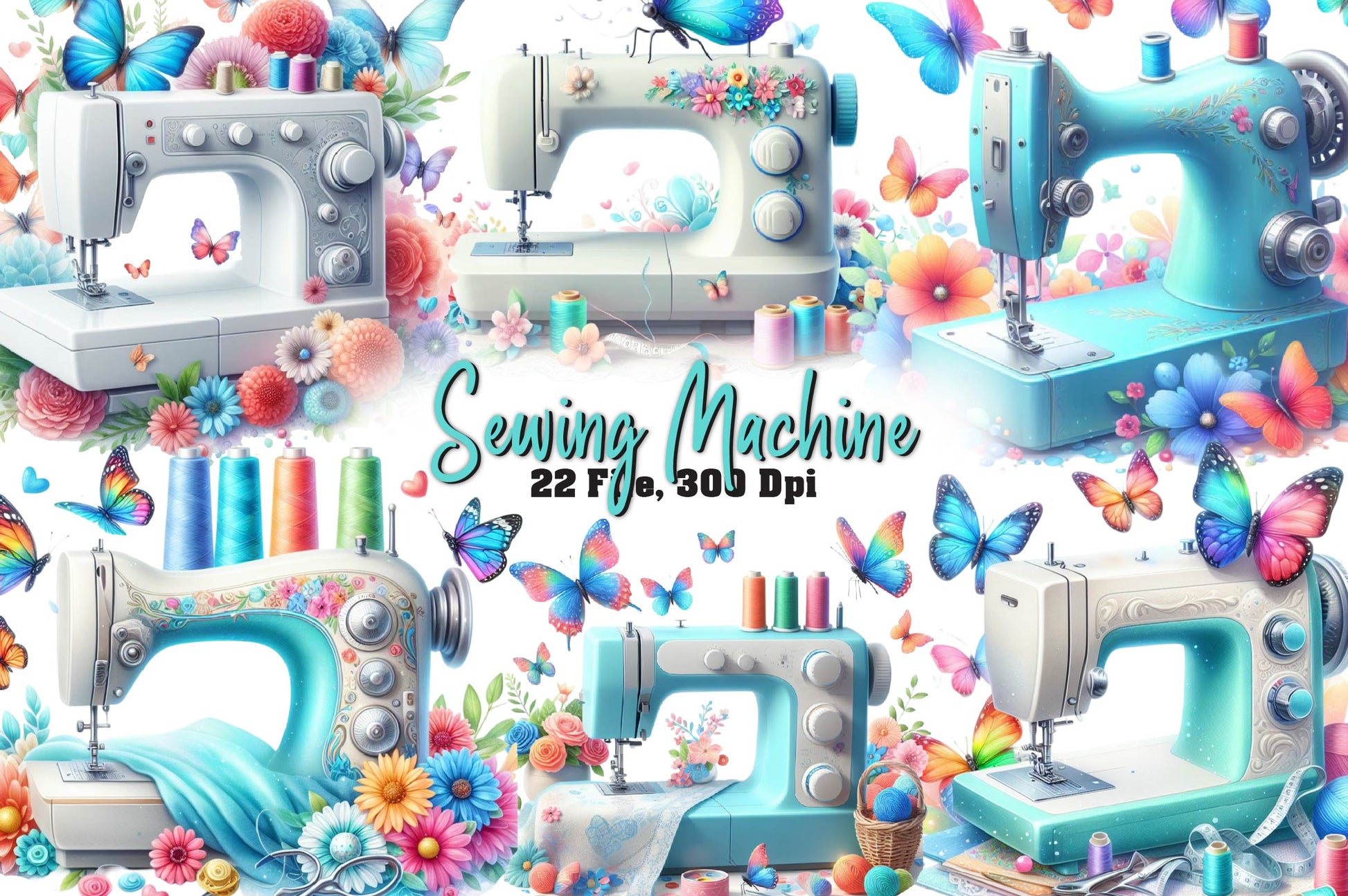Pastel Sewing Machine Butterfly Clipart Bundle - CraftNest - Digital Crafting and Art