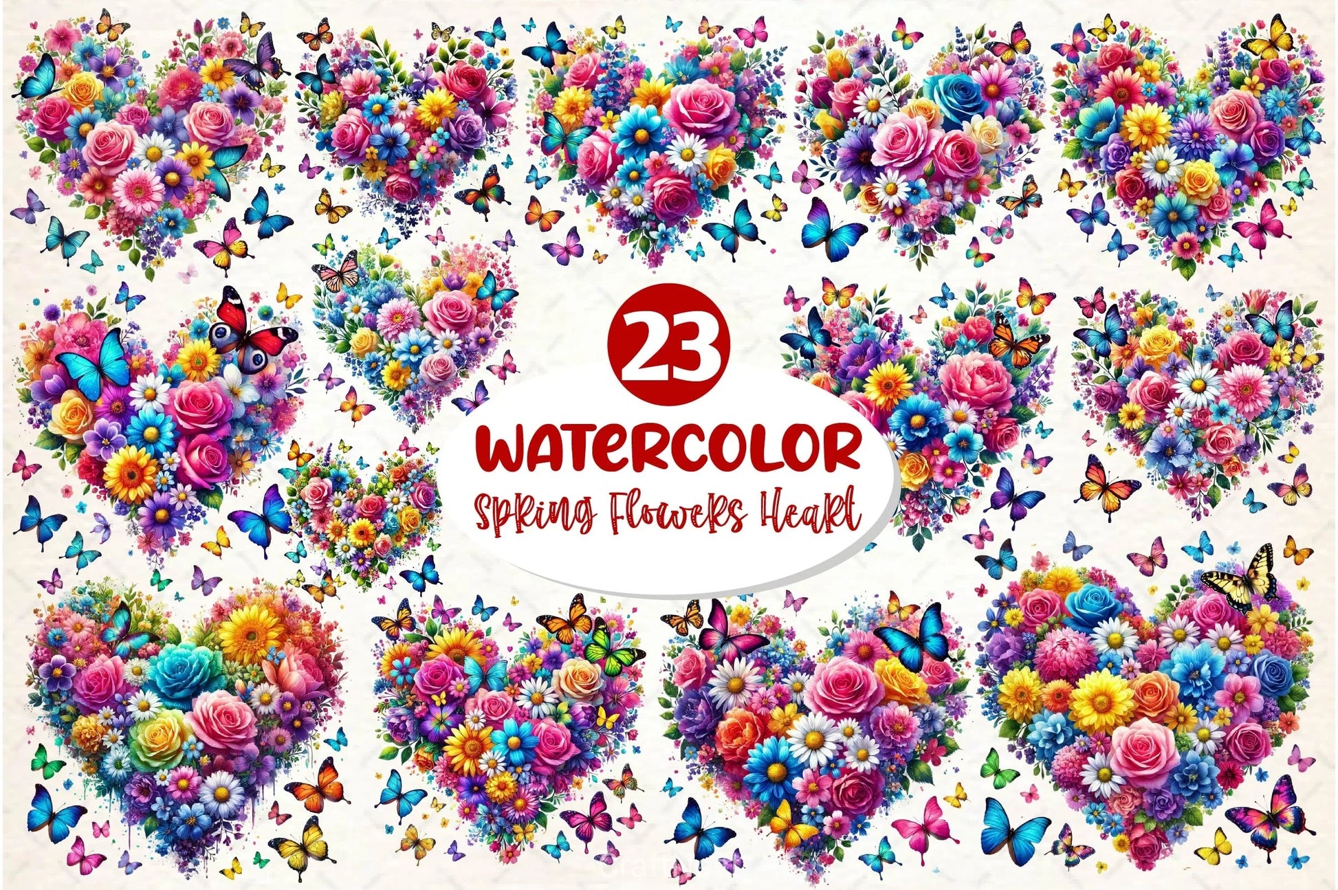 Spring Flowers Heart With Butterflies Clipart Bundle - CraftNest - Digital Crafting and Art