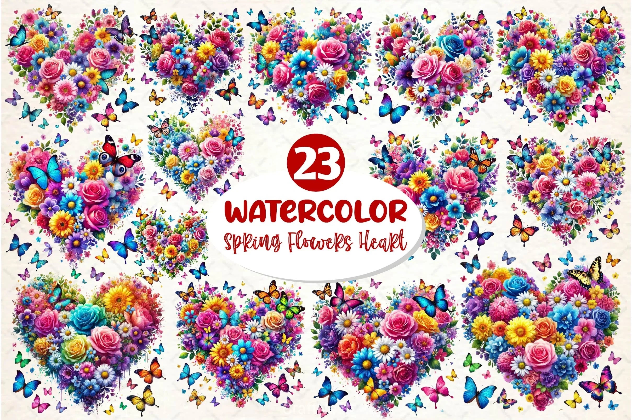 Spring Flowers Heart With Butterflies Clipart Bundle - CraftNest - Digital Crafting and Art