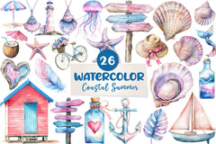 Summer Pink & Blue Coastal Clipart Bundle 1 - CraftNest - Digital Crafting and Art