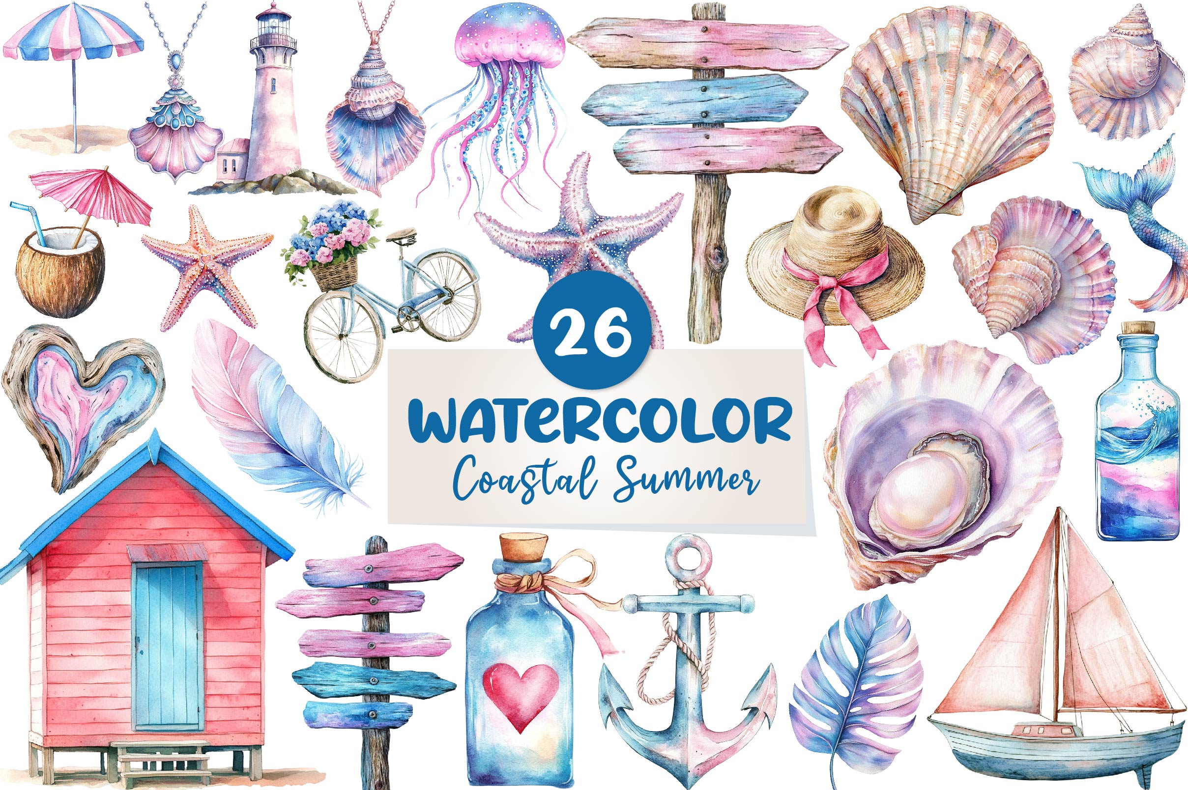 Summer Pink & Blue Coastal Clipart Bundle 1 - CraftNest - Digital Crafting and Art