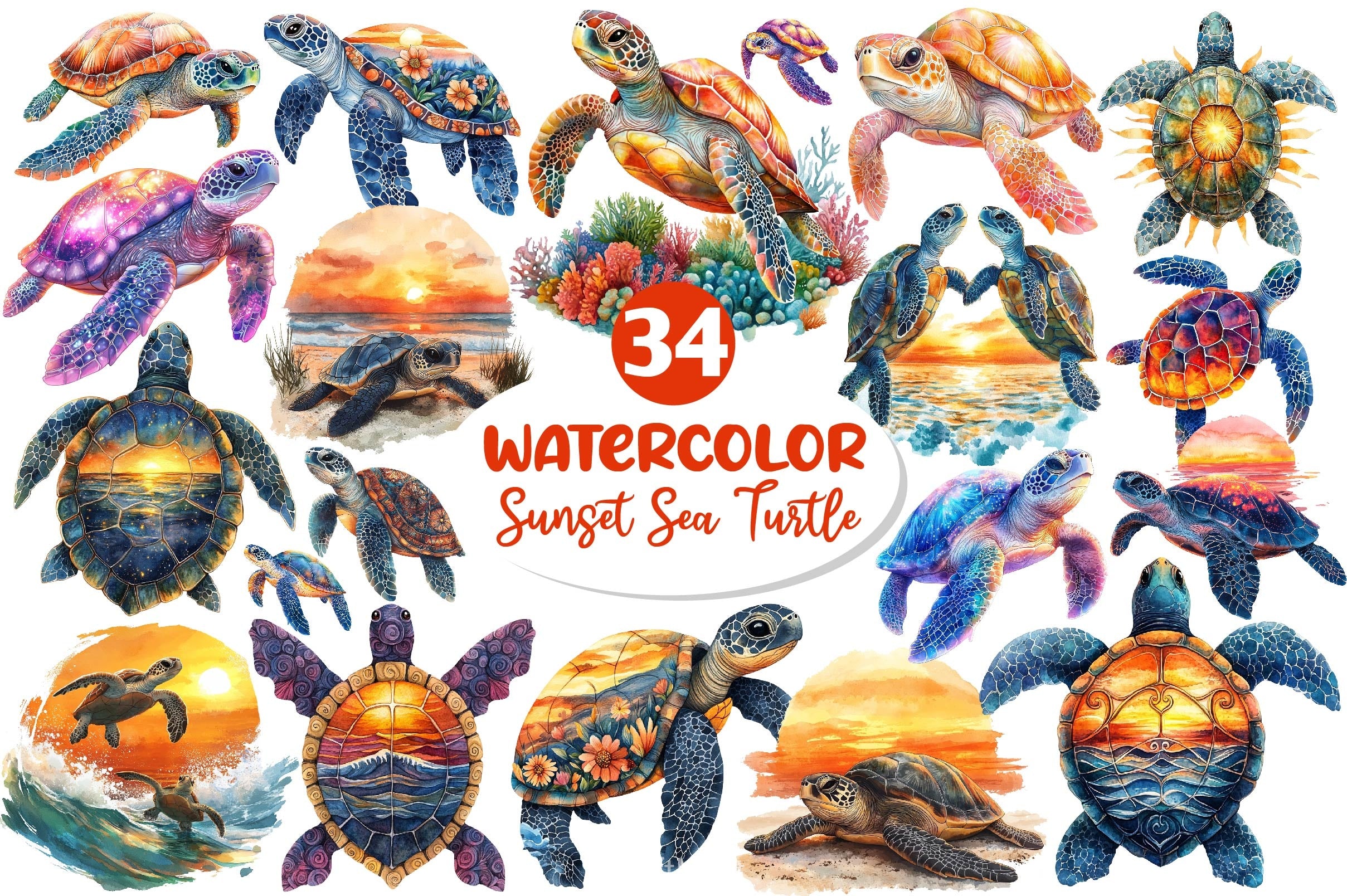 Sunset Sea Turtle Clipart Bundle - CraftNest - Digital Crafting and Art