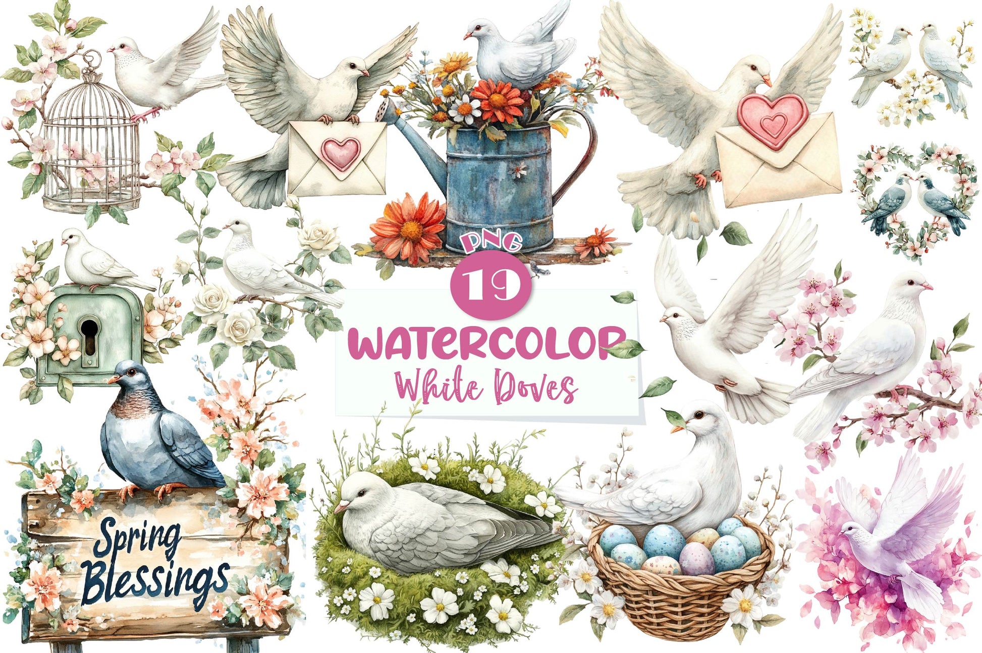 Spring White Doves Clipart Bundle - CraftNest - Digital Crafting and Art