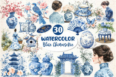 Blue Chinoiserie Spring Clipart Bundle 2 - CraftNest - Digital Crafting and Art