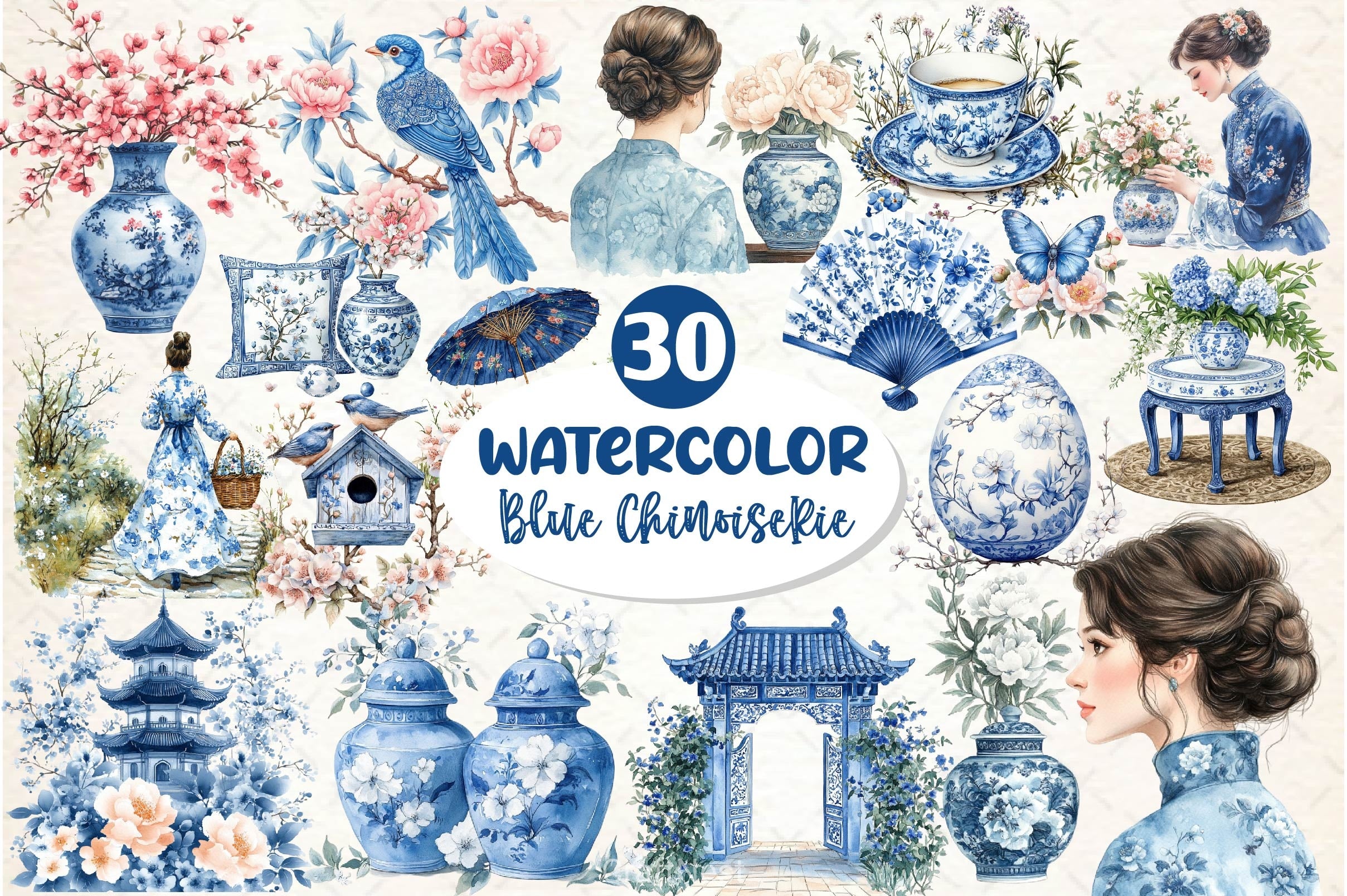 Blue Chinoiserie Spring Clipart Bundle 2 - CraftNest - Digital Crafting and Art