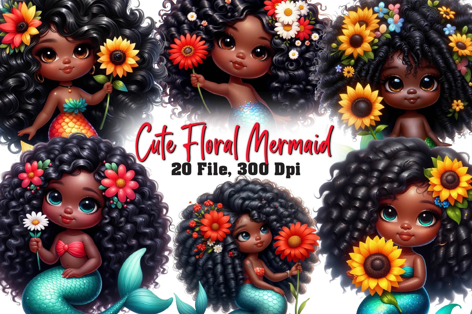 Cute Floral Mermaid Clipart Bundle - CraftNest - Digital Crafting and Art
