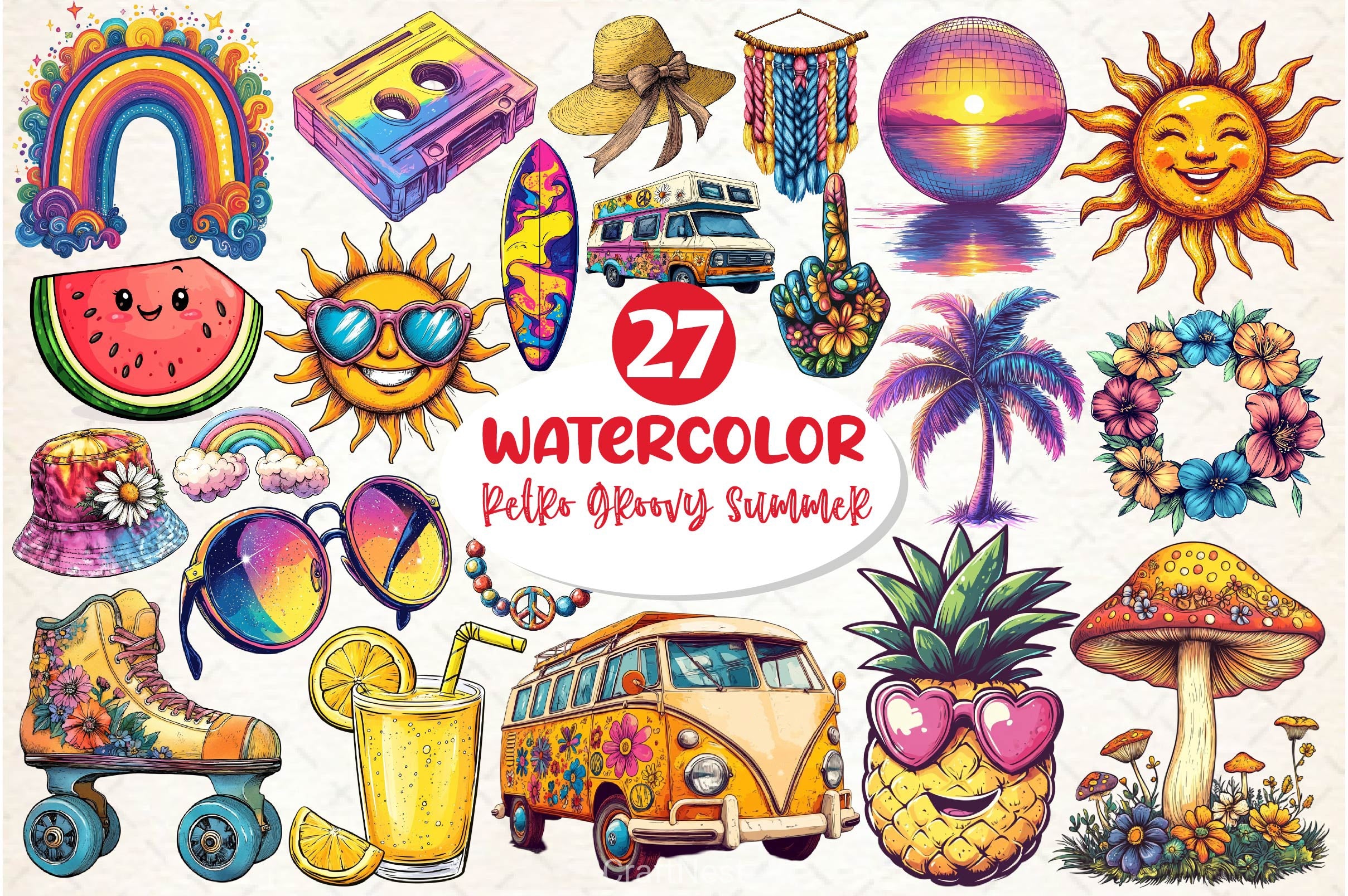 Retro Groovy Summer Clipart Bundle 3 - CraftNest - Digital Crafting and Art