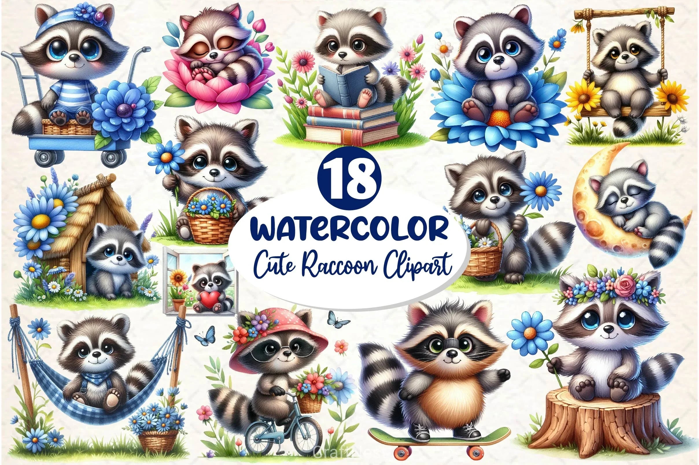 Spring Cute Raccoon Clipart Bundle - CraftNest - Digital Crafting and Art