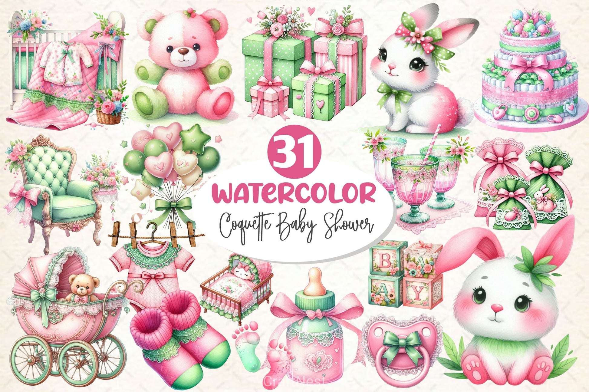 Pink & Green Coquette Baby Shower Clipart Bundle - CraftNest - Digital Crafting and Art