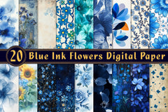 Blue Ink Flowers Digital Paper - CraftNest - Digital Crafting and Art