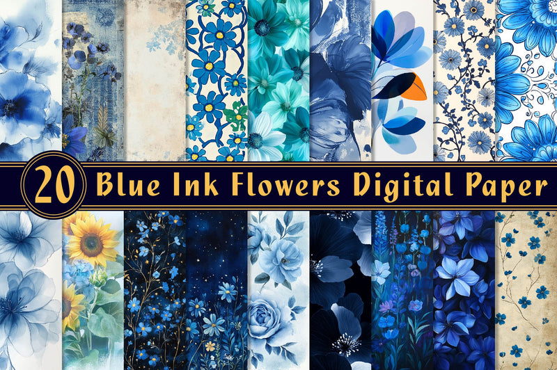 Blue Ink Flowers Digital Paper - CraftNest - Digital Crafting and Art