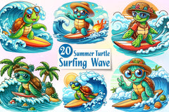 Summer Turtle Surfing On Wave Clipart Bundle - CraftNest - Digital Crafting and Art