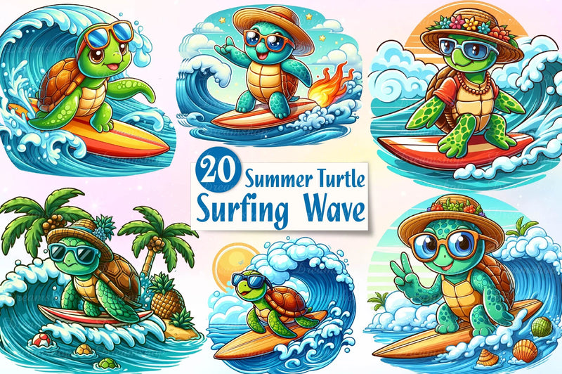 Summer Turtle Surfing On Wave Clipart Bundle - CraftNest - Digital Crafting and Art