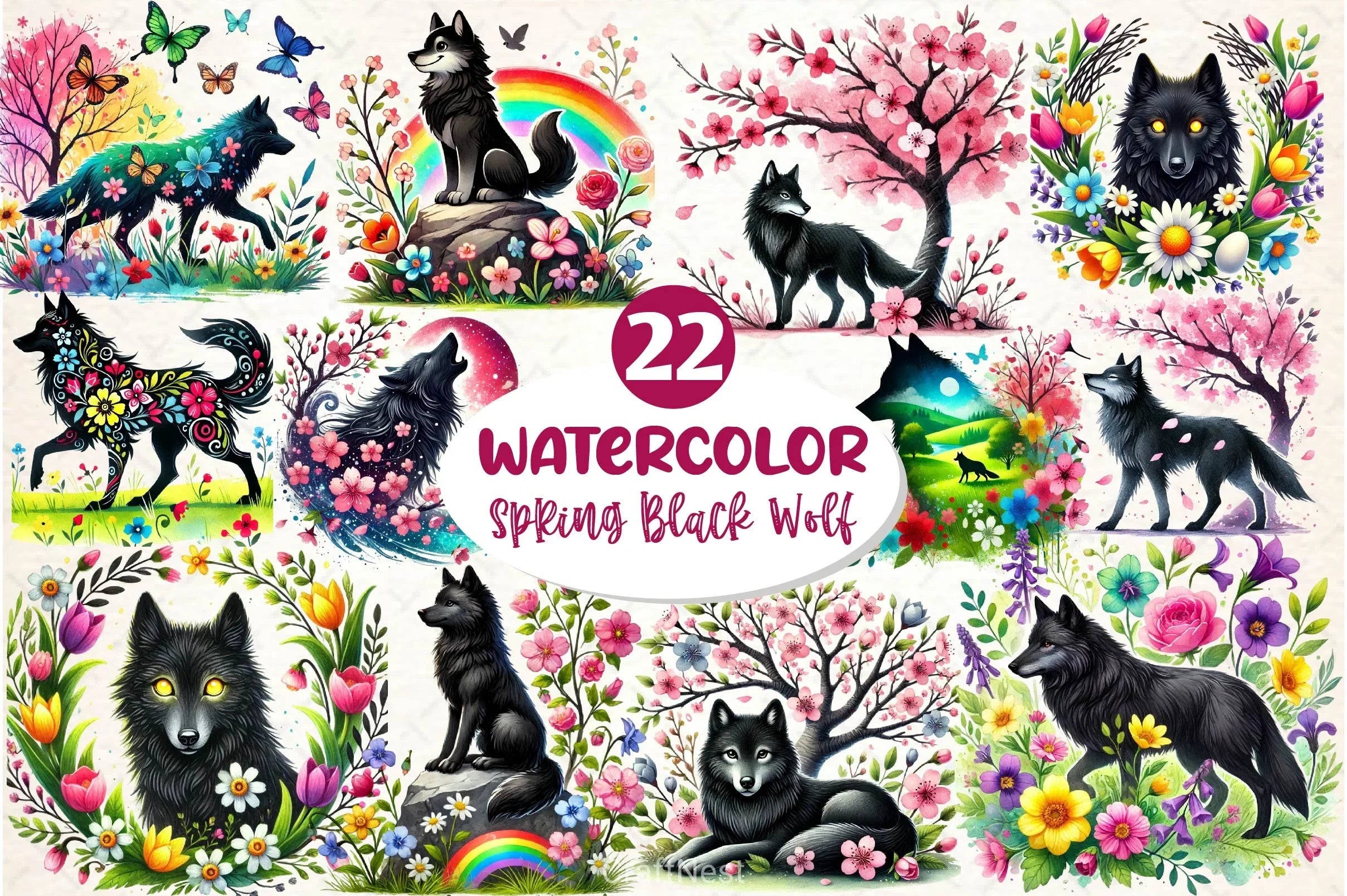 Spring Black Wolf Clipart Bundle 2 - CraftNest - Digital Crafting and Art