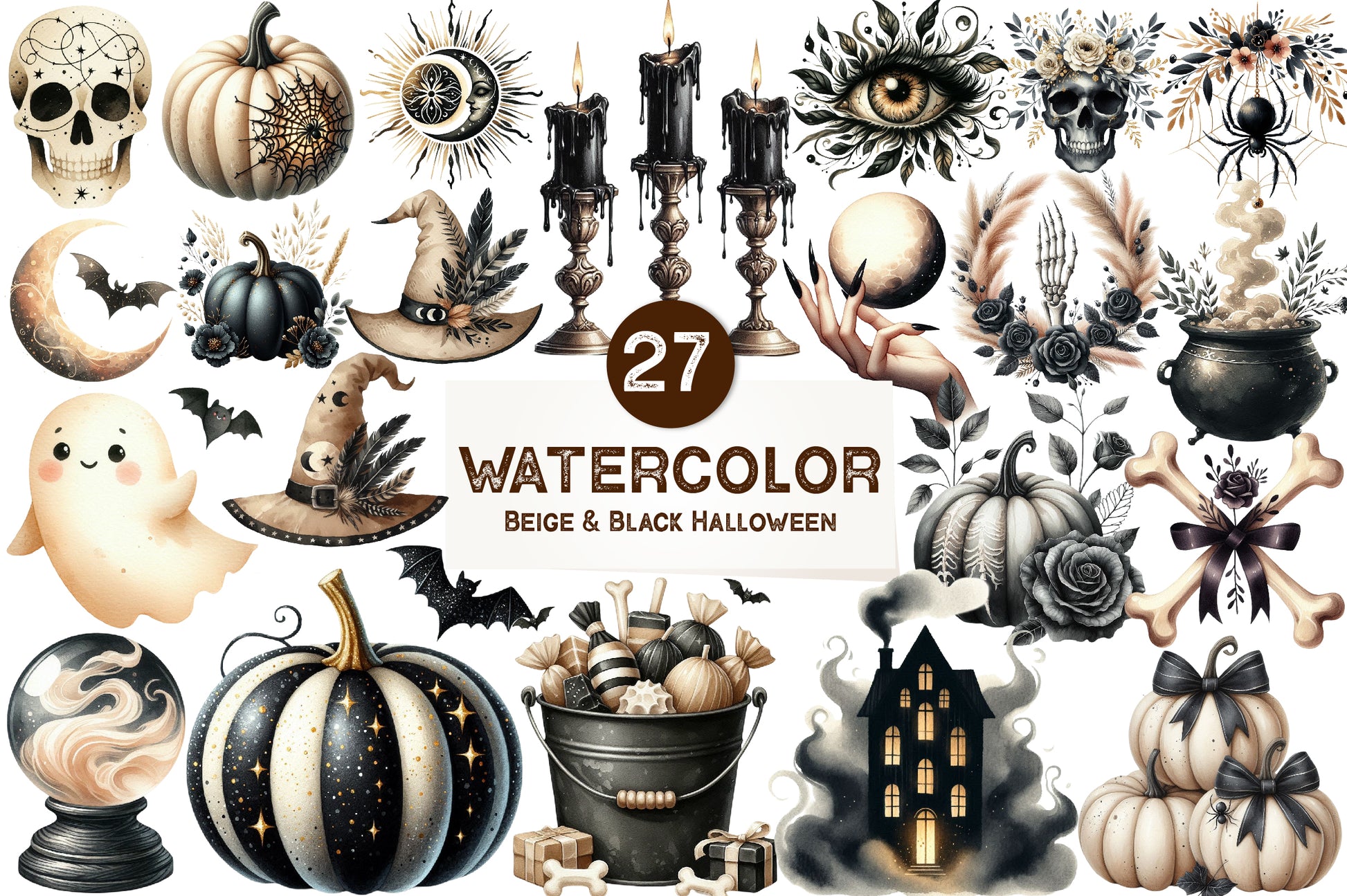 Beige & Black Halloween Clipart Bundle - CraftNest - Digital Crafting and Art