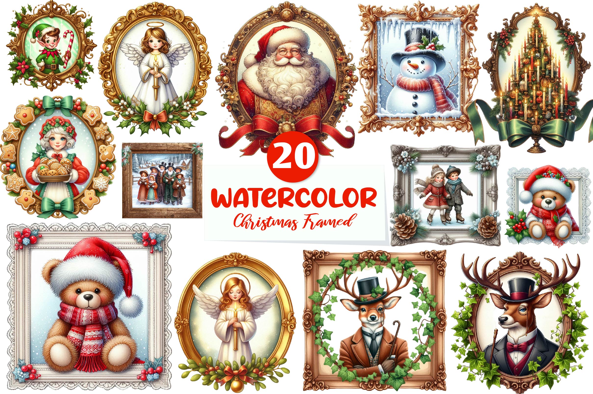 Vintage Christmas Framed Character Clipart Bundle - CraftNest - Digital Crafting and Art