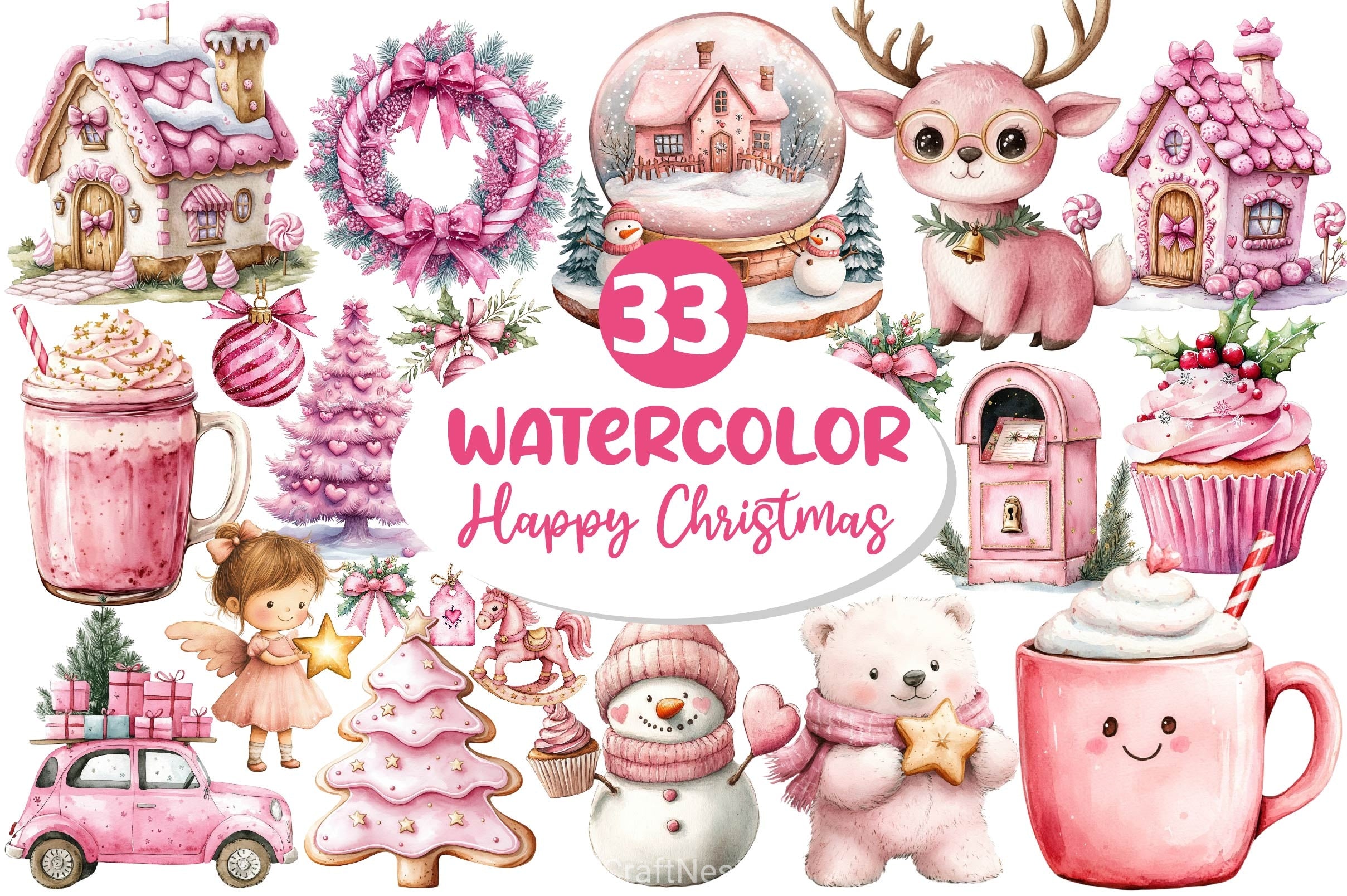 Pink Happy Christmas Clipart Bundle - CraftNest - Digital Crafting and Art