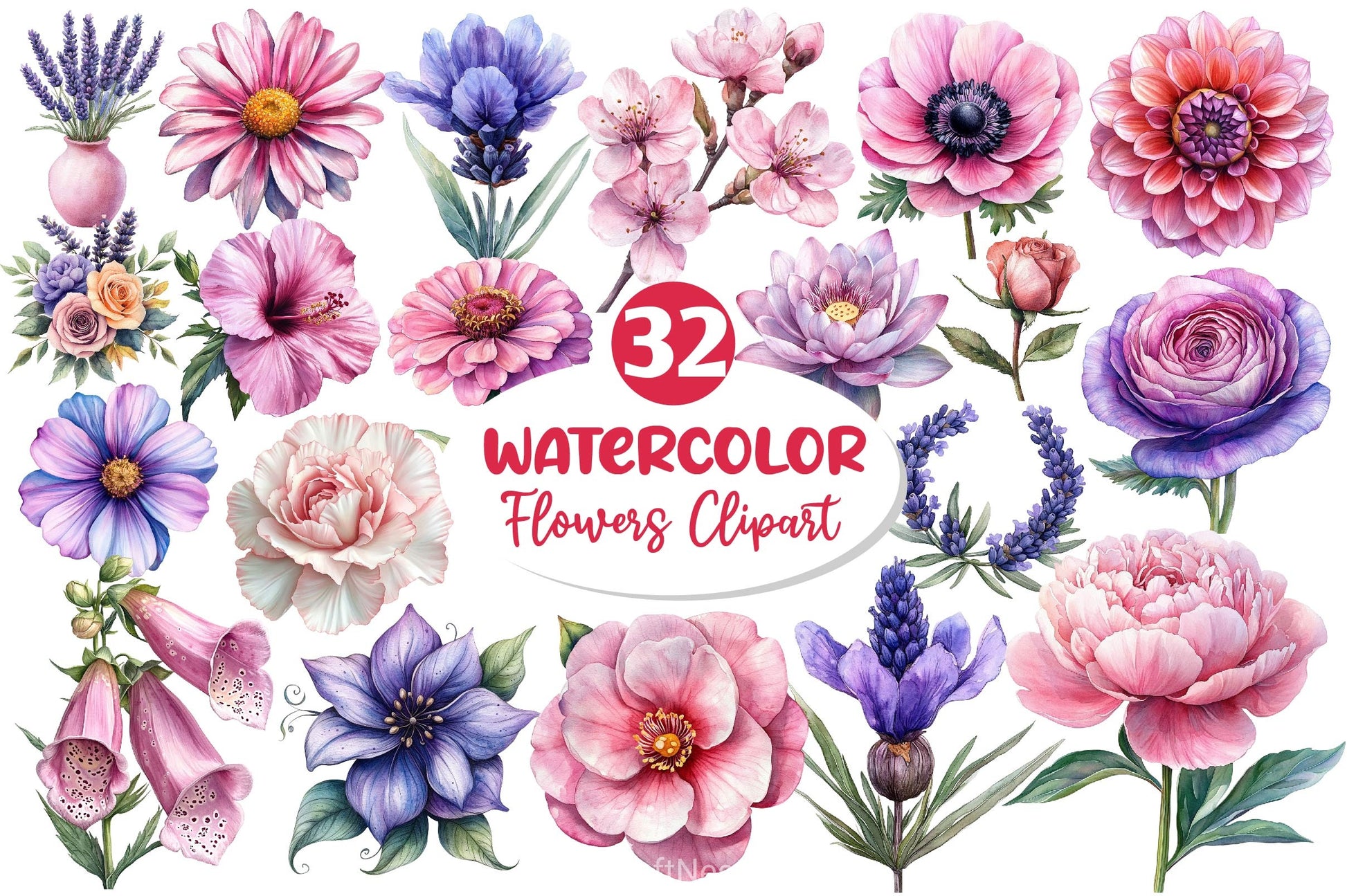 Lavender Pink Flowers Clipart Bundle - CraftNest - Digital Crafting and Art