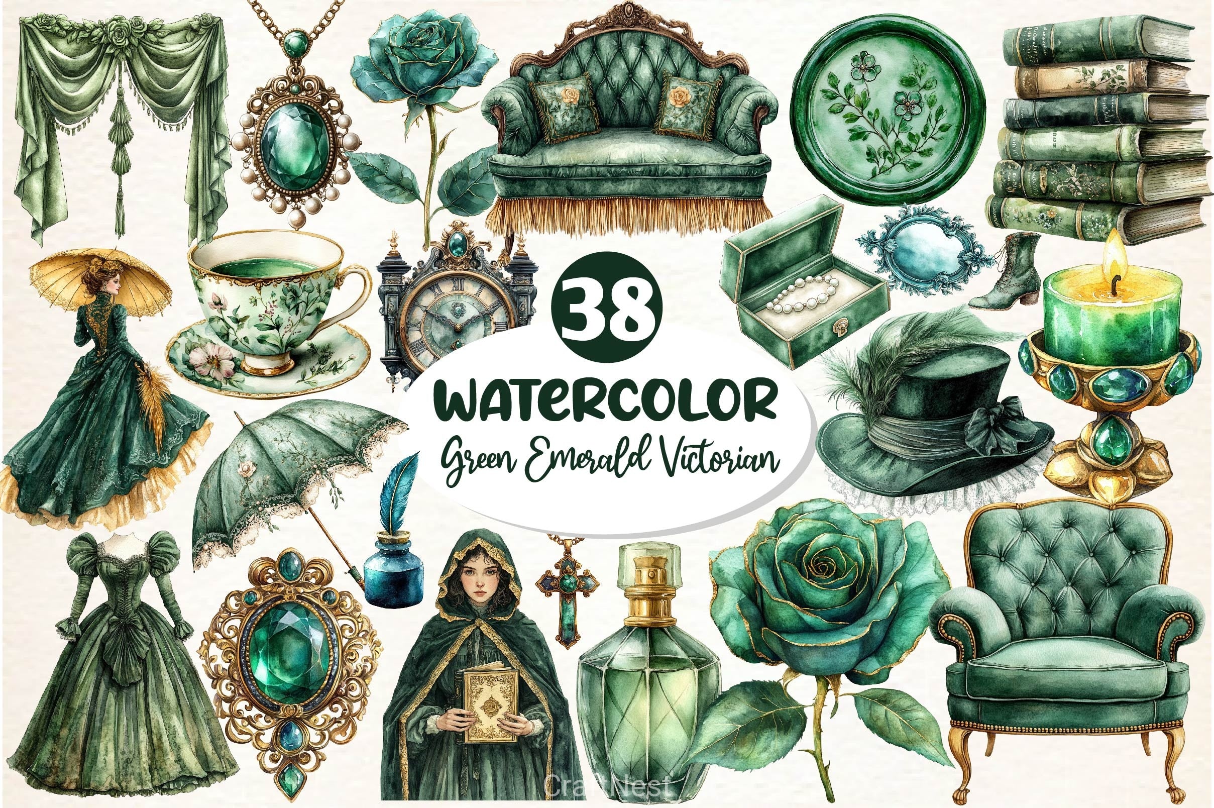 Green Emerald Victorian Clipart Bundle - CraftNest - Digital Crafting and Art