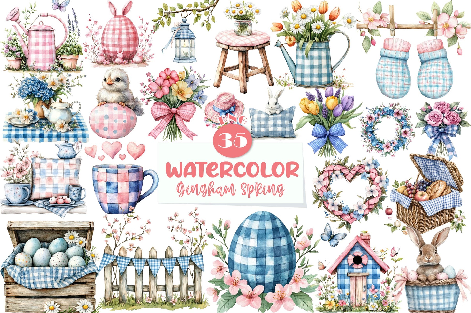 Blue & Pink Gingham Spring Clipart Bundle - CraftNest - Digital Crafting and Art