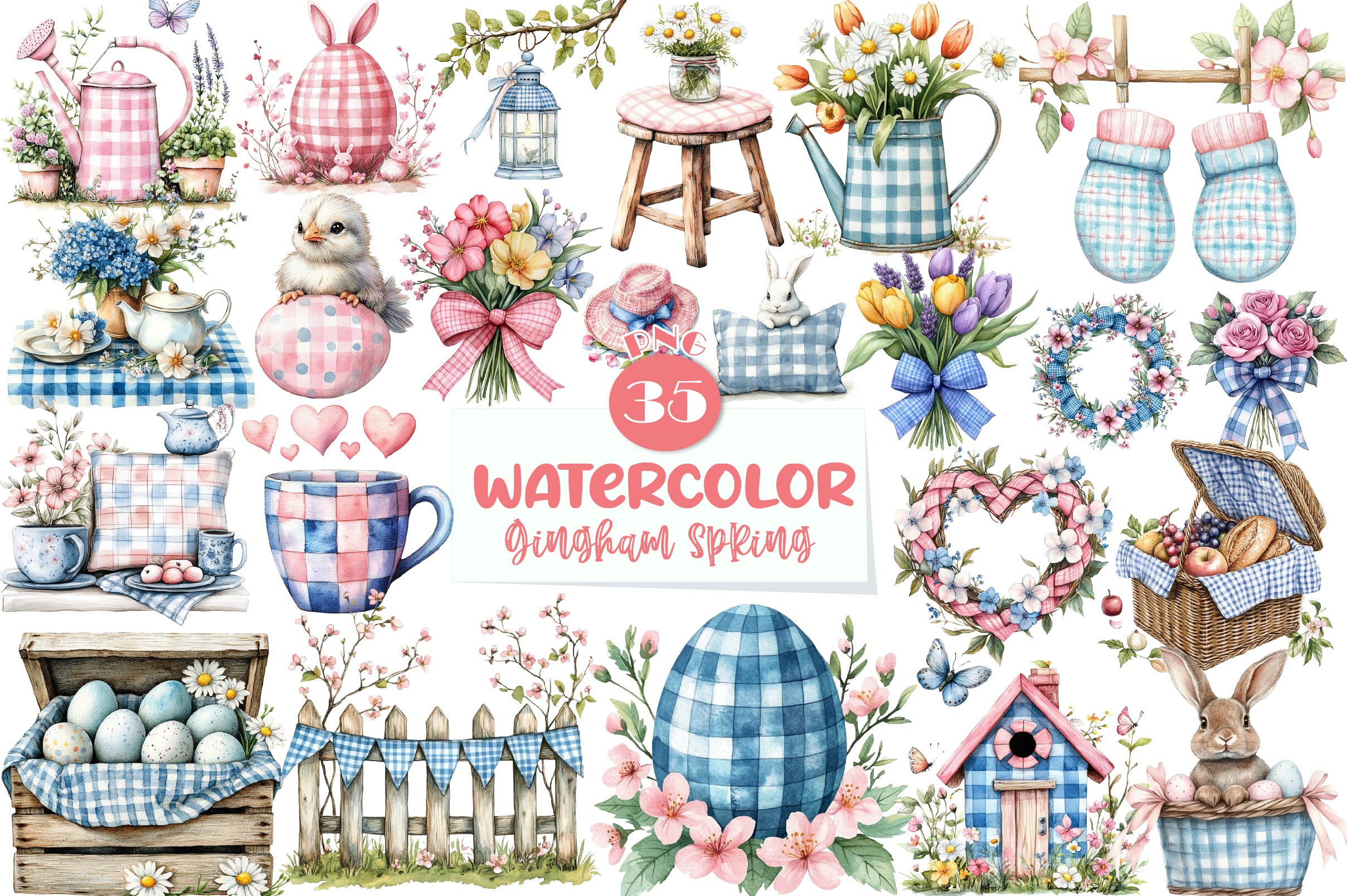 Blue & Pink Gingham Spring Clipart Bundle - CraftNest - Digital Crafting and Art