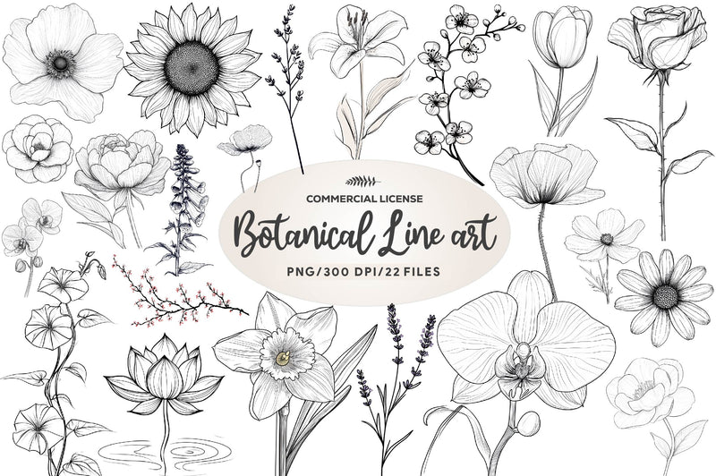 Botanical Line Art Designs Flower Clipart Bundle - CraftNest - Digital Crafting and Art