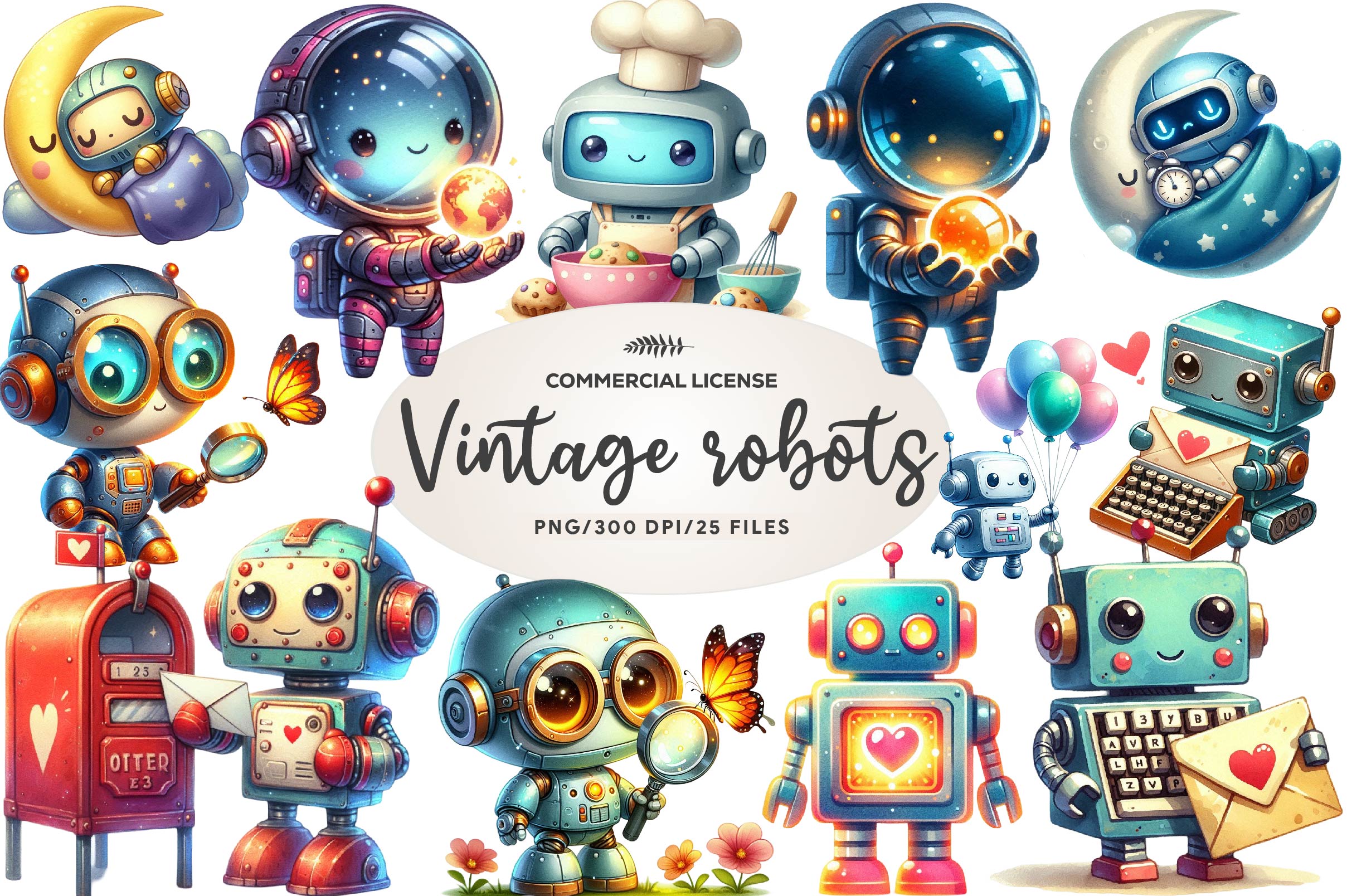 Cute Vintage Robots Clipart Bundle - CraftNest - Digital Crafting and Art