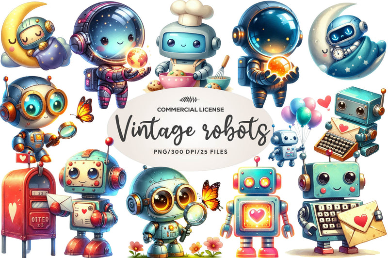 Cute Vintage Robots Clipart Bundle - CraftNest - Digital Crafting and Art