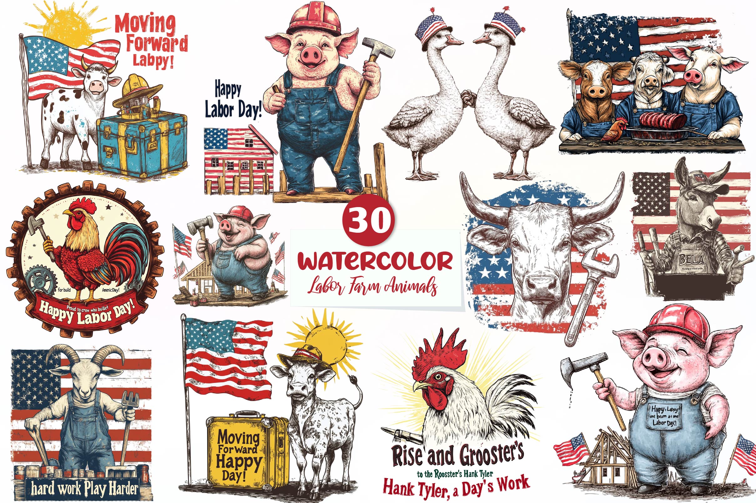 Vintage Labor Day Farm Animals Clipart Bundle - CraftNest - Digital Crafting and Art