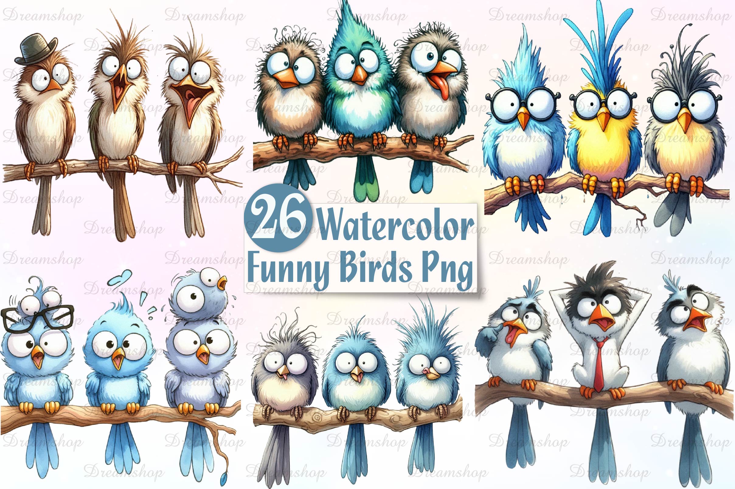 Funny Birds Watercolor Clipart Bundle - CraftNest - Digital Crafting and Art