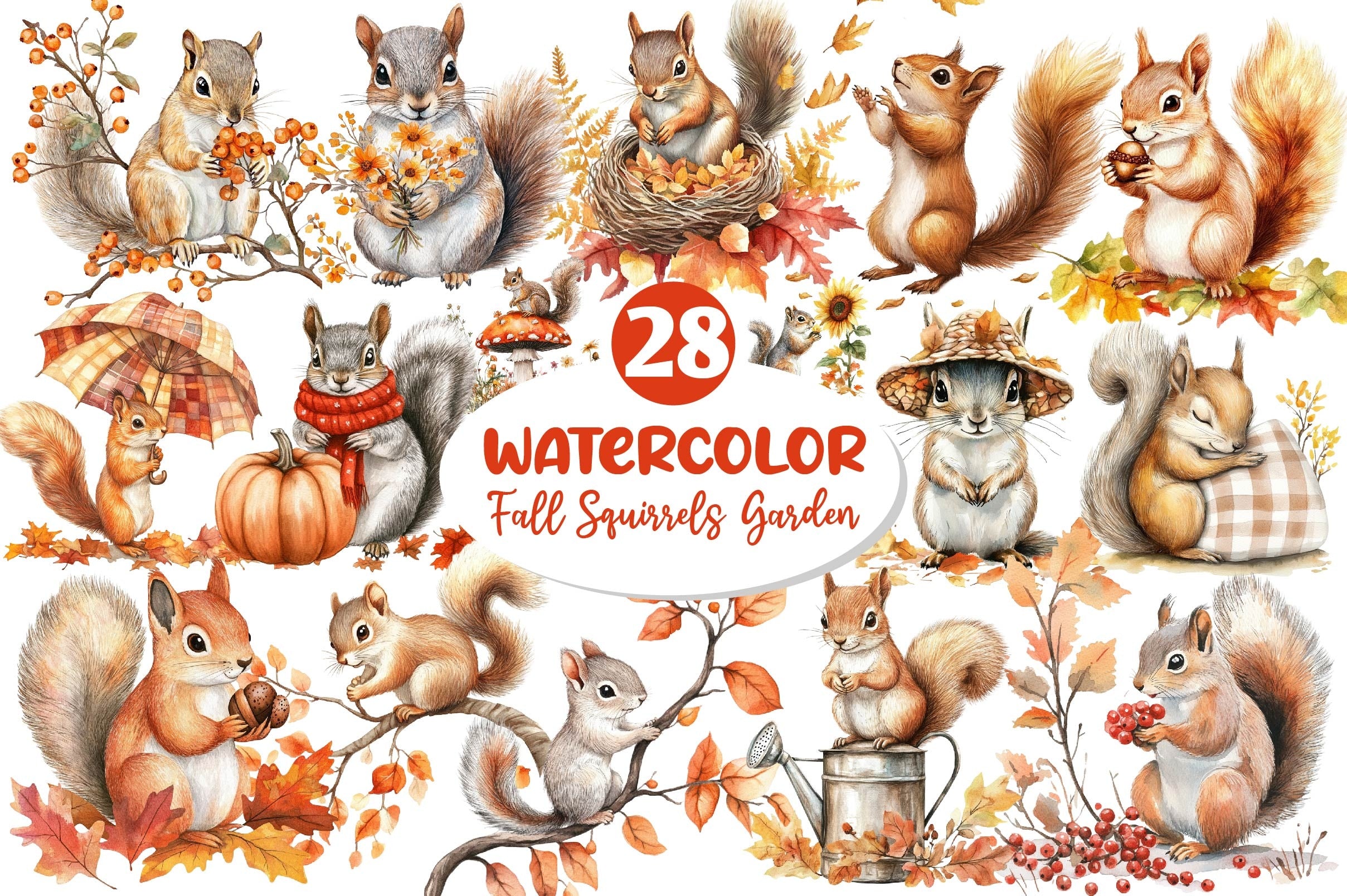Fall Squirrels Garden Clipart Bundle 2 - CraftNest - Digital Crafting and Art
