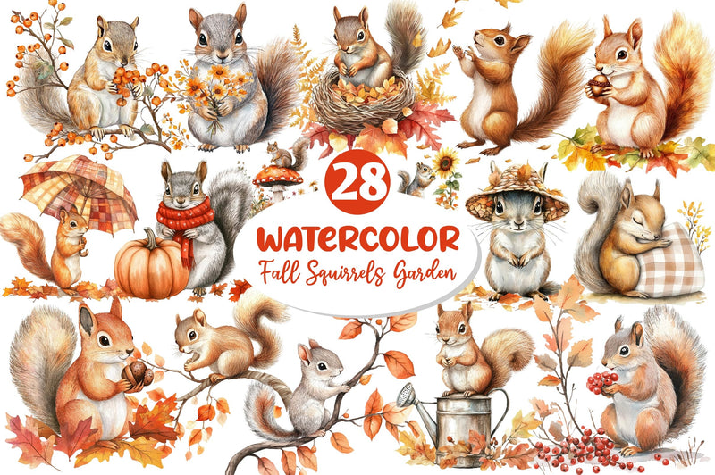 Fall Squirrels Garden Clipart Bundle 2 - CraftNest - Digital Crafting and Art