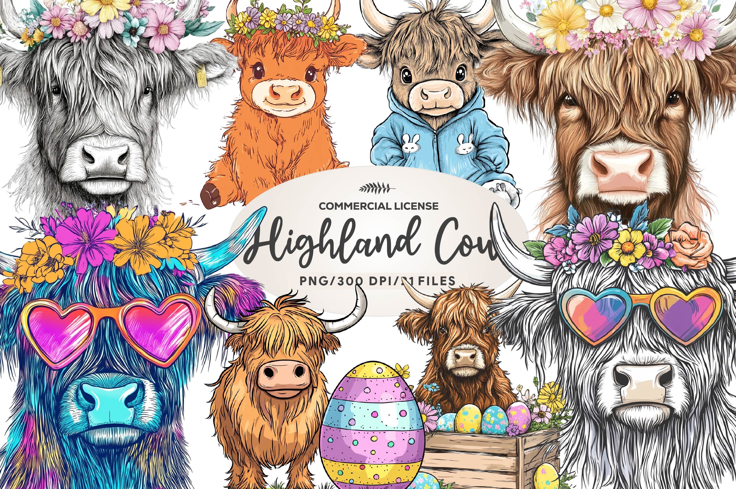 Cute Easter Day Highland Cow Clipart Bundle - CraftNest - Digital Crafting and Art