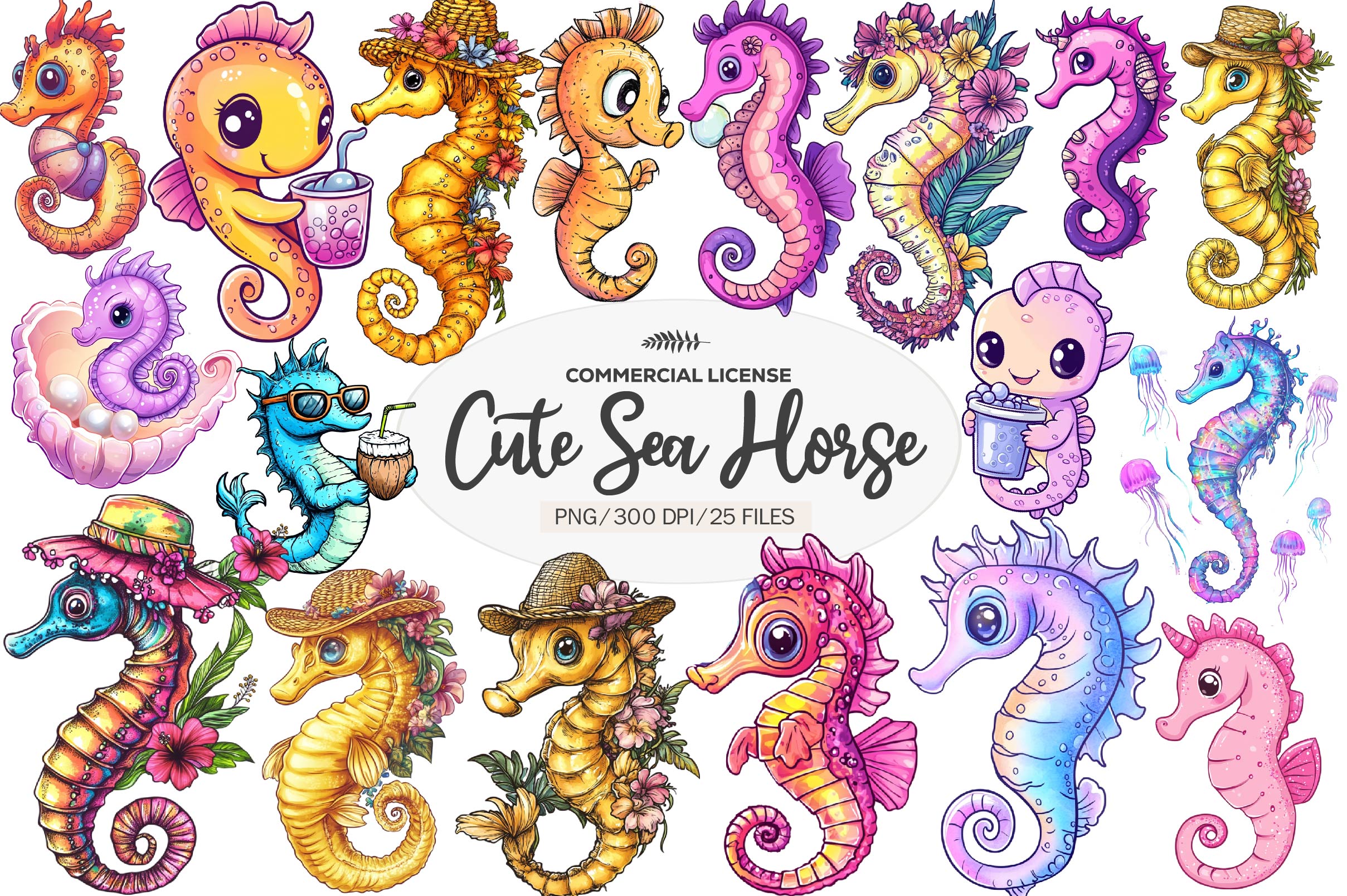 Summer Cute Sea Horse Clipart Bundle - CraftNest - Digital Crafting and Art
