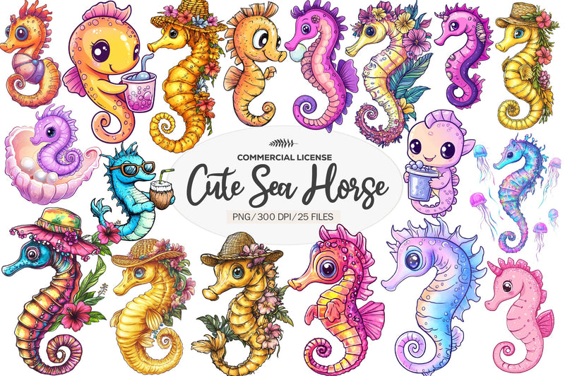 Summer Cute Sea Horse Clipart Bundle - CraftNest - Digital Crafting and Art