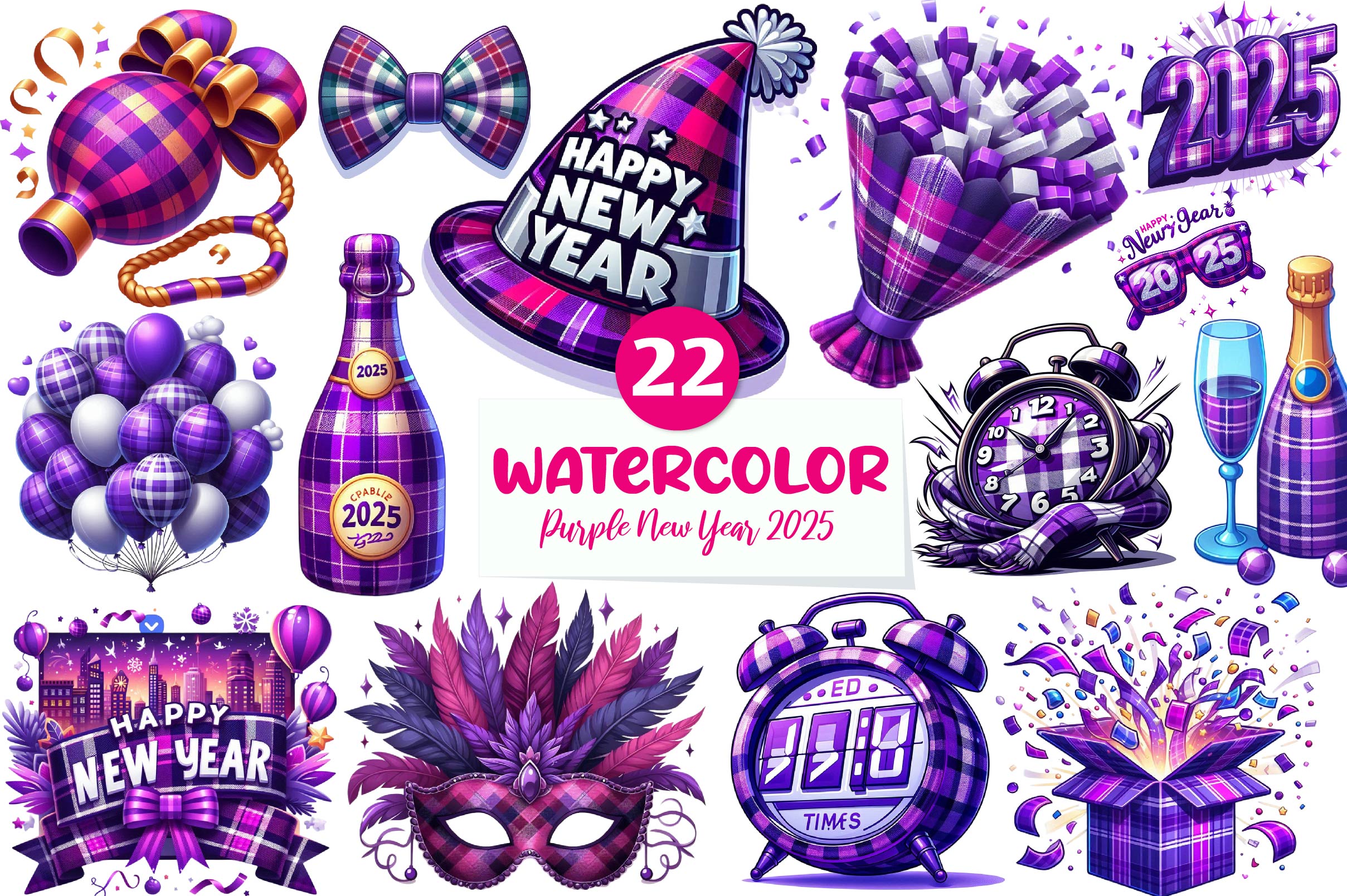 Purple New Year 2025 Clipart Bundle - CraftNest - Digital Crafting and Art