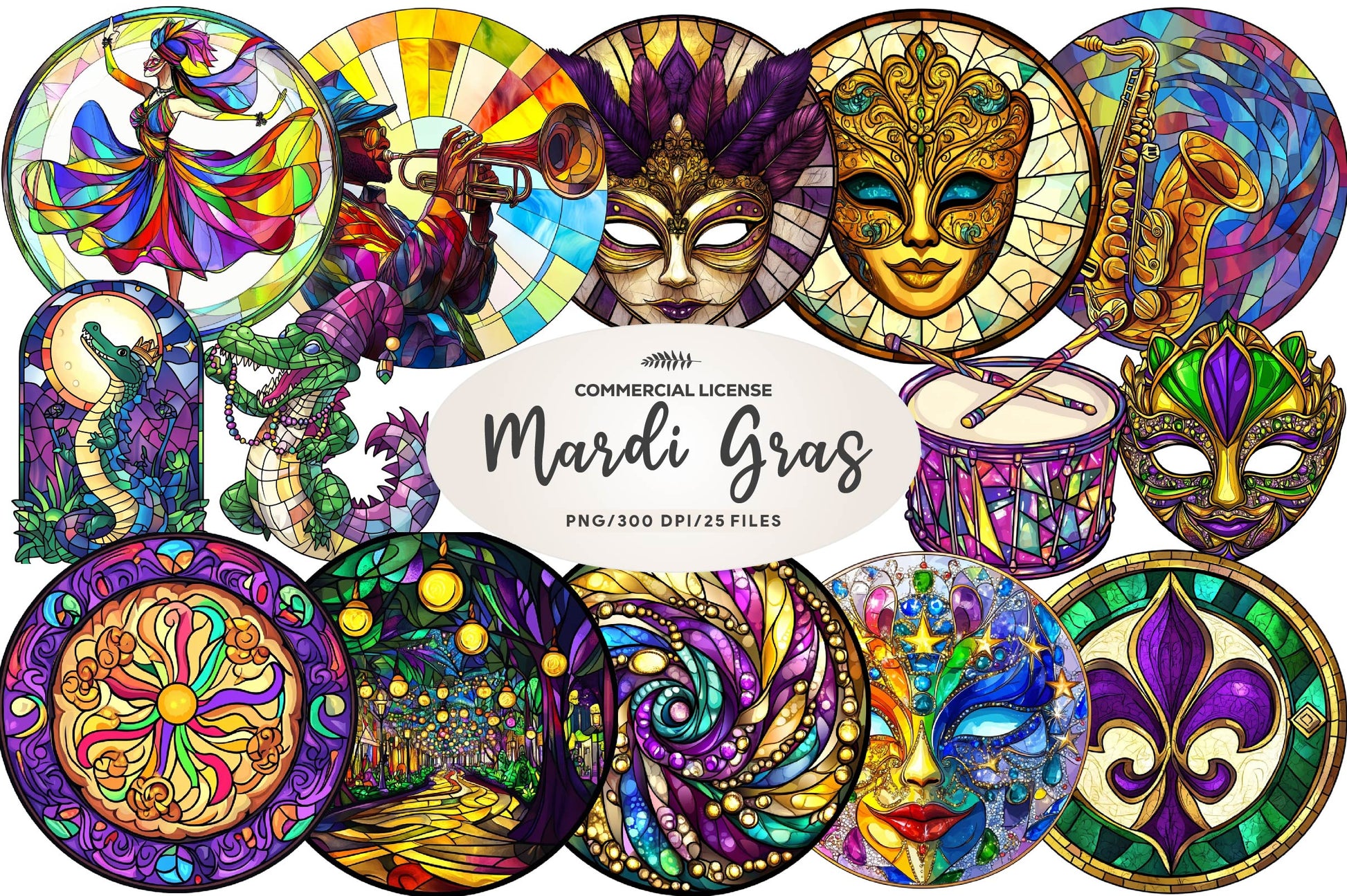 Round Stained Glass Mardi Gras Clipart Bundle - CraftNest - Digital Crafting and Art
