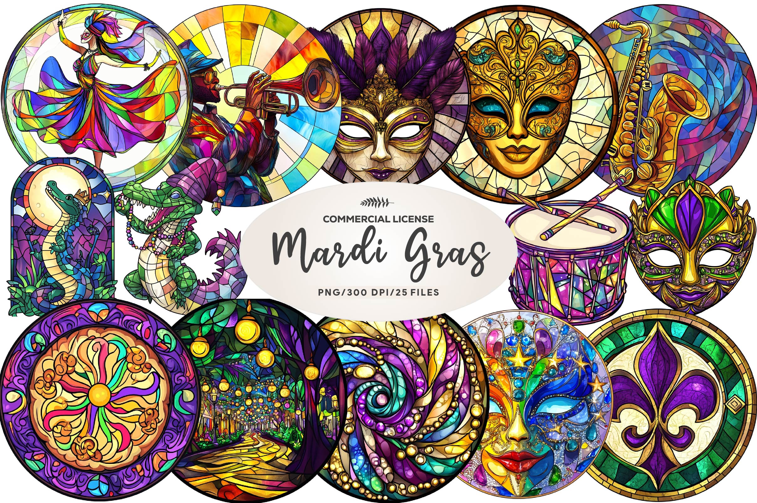 Round Stained Glass Mardi Gras Clipart Bundle - CraftNest - Digital Crafting and Art