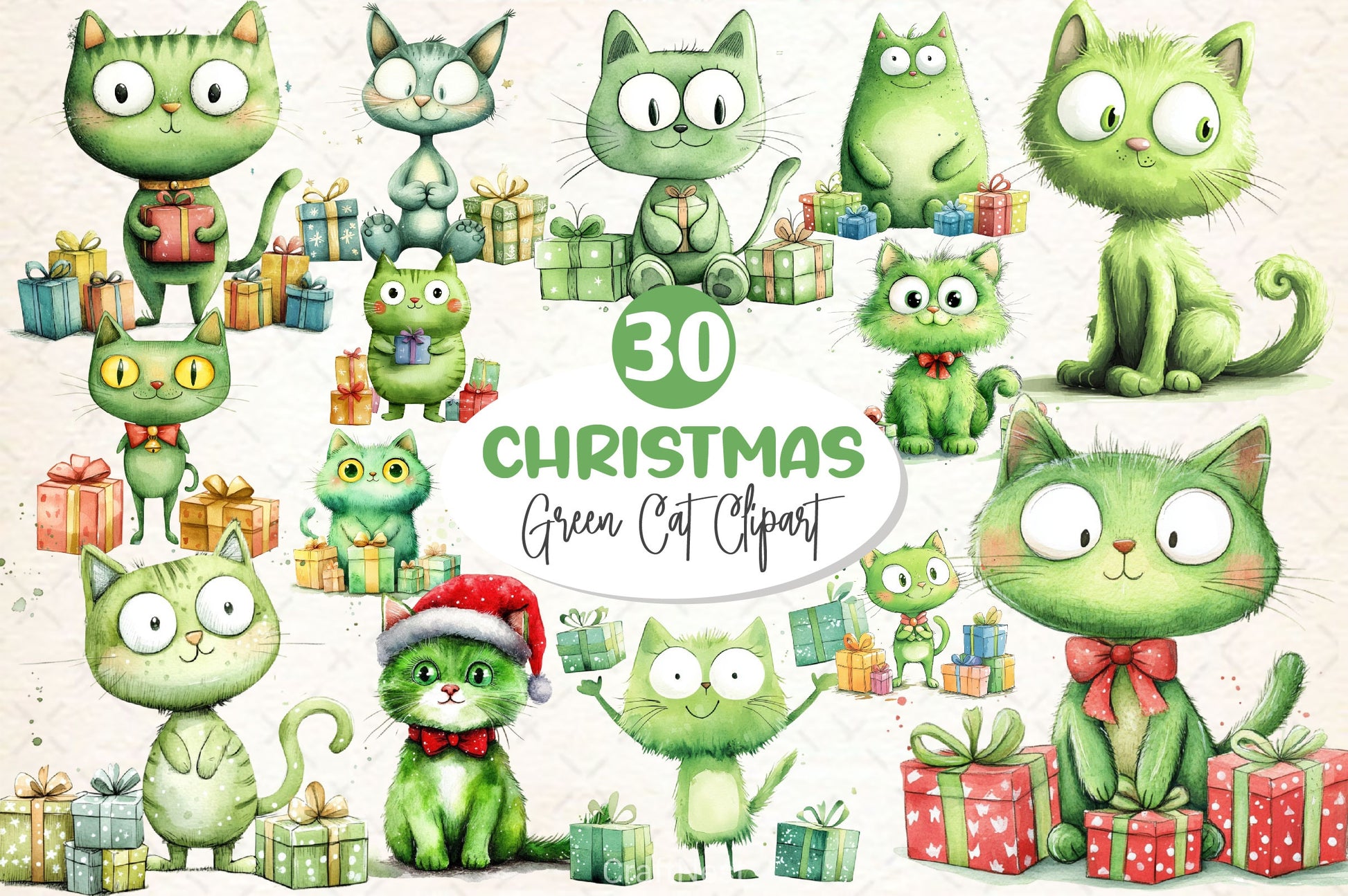 Cute Green Christmas Cat Clipart Bundle 2 - CraftNest - Digital Crafting and Art