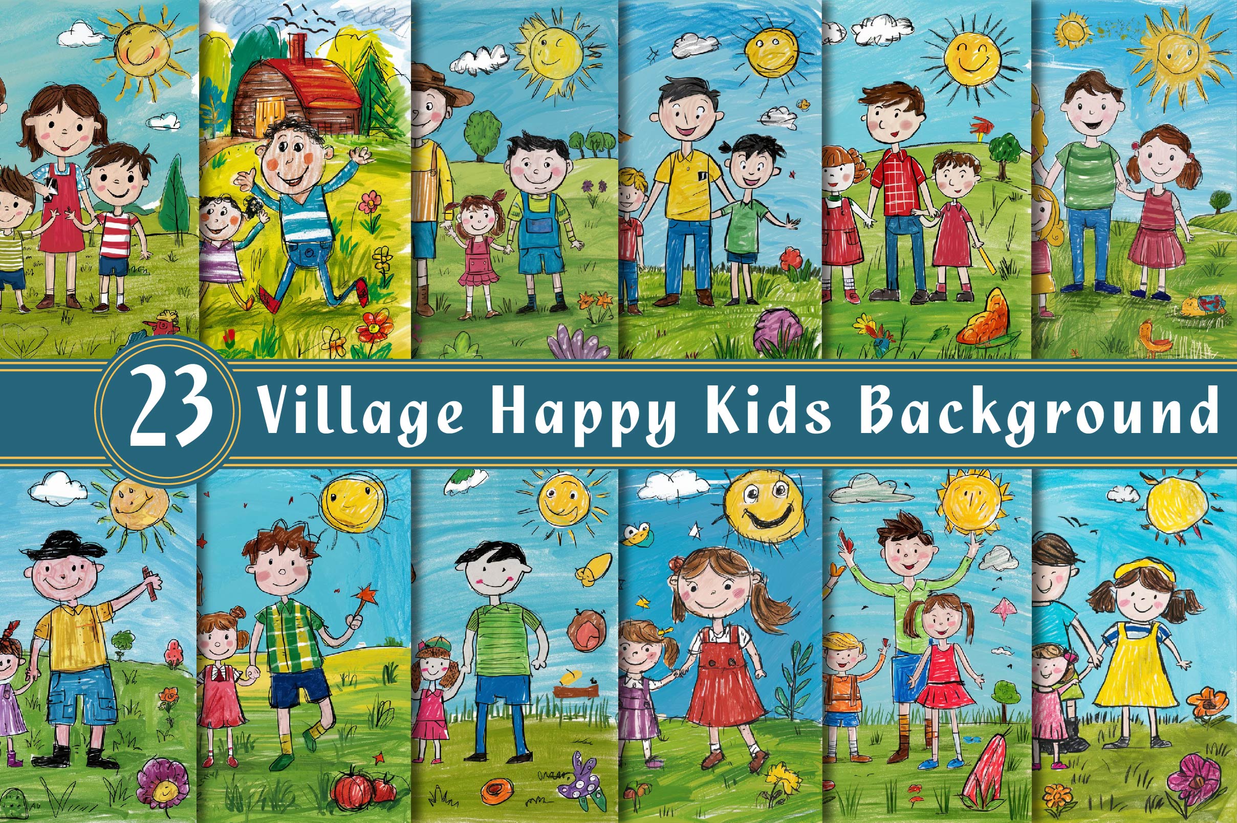 Village Happy Kids Background Clipart Bundle - CraftNest - Digital Crafting and Art
